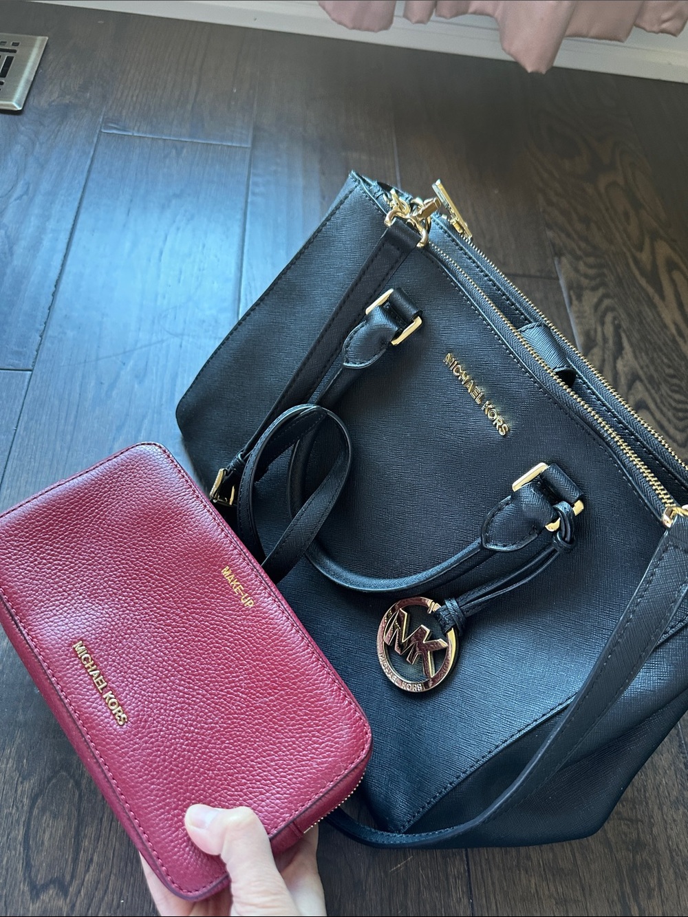 Michael Kors Black Bag + MK red brush makeup pouch